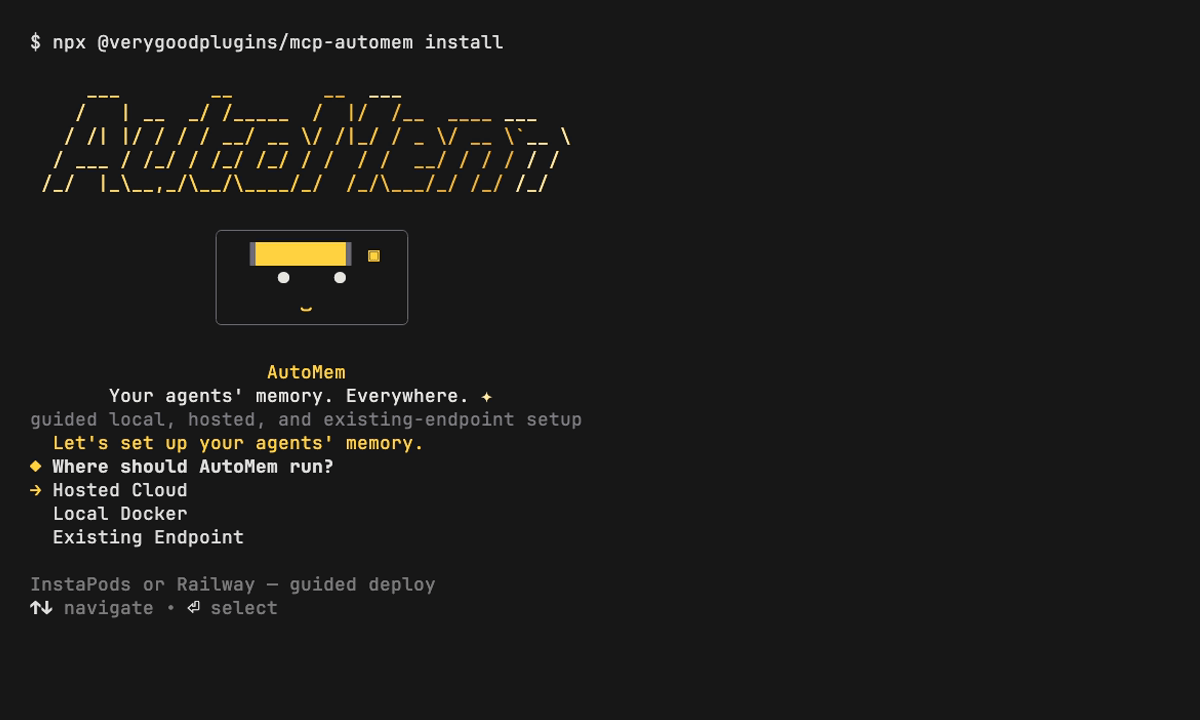 The AutoMem guided installer asking "Where should AutoMem run?" with Hosted Cloud, Local Docker, and Existing Endpoint options